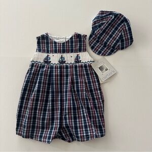 Carter's Vintage 3-6 Months Baby Boy Sailboat Smocked Plaid Romper with Hat NWT